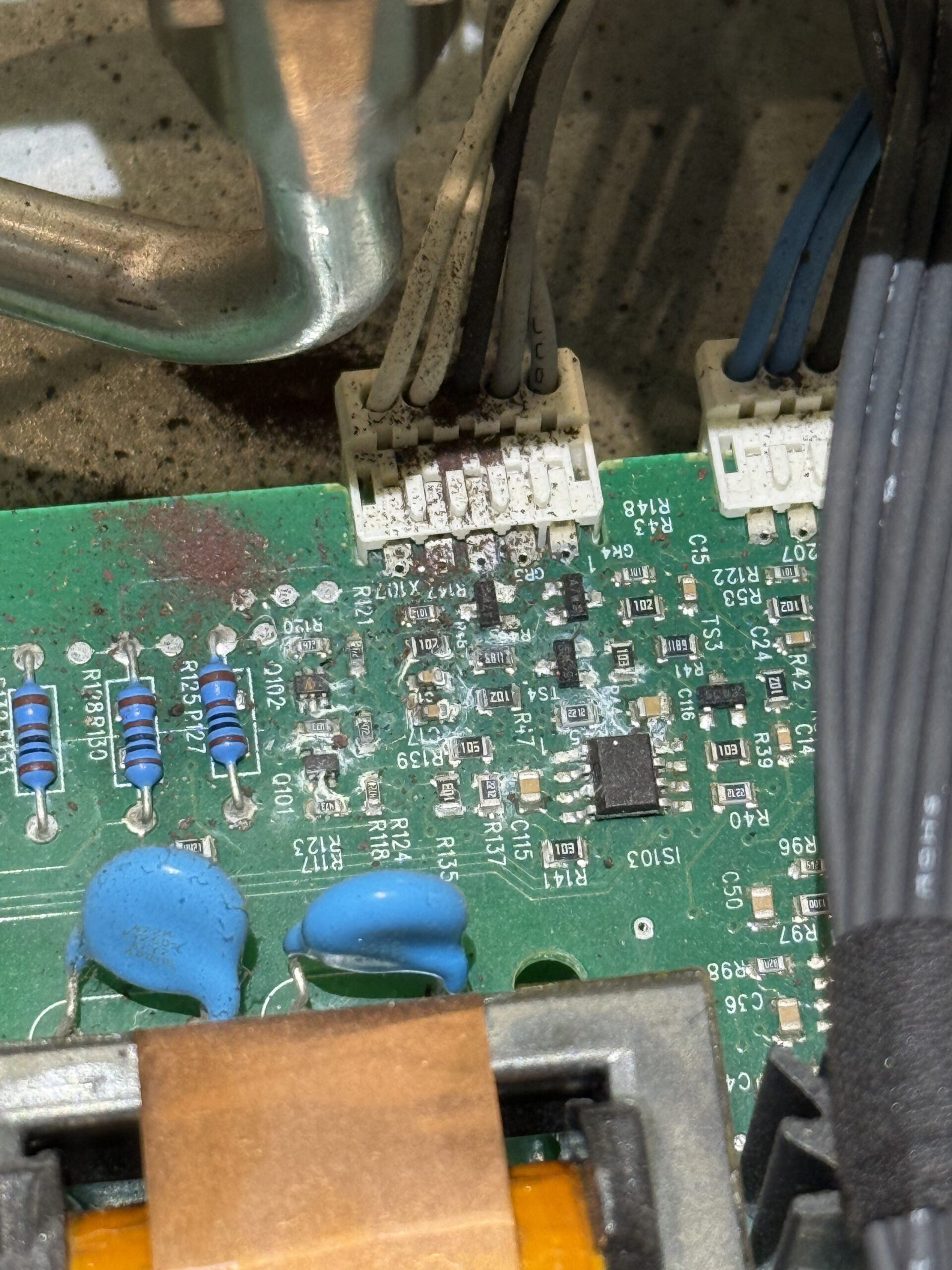 Oxidation on the control board from moisture that leaked through the burner.