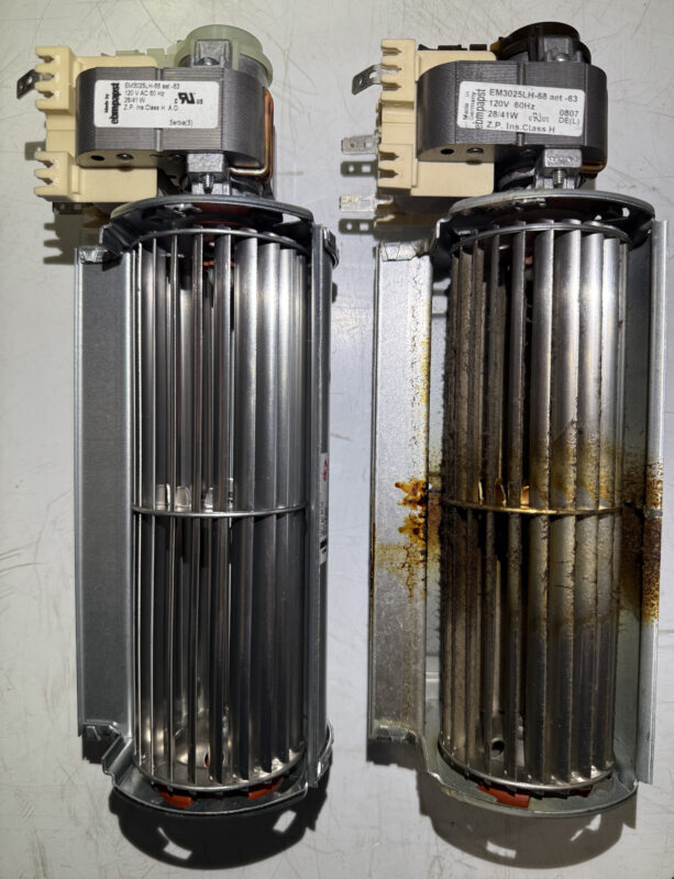 Blower comparison—old one on the right, new one on the left.